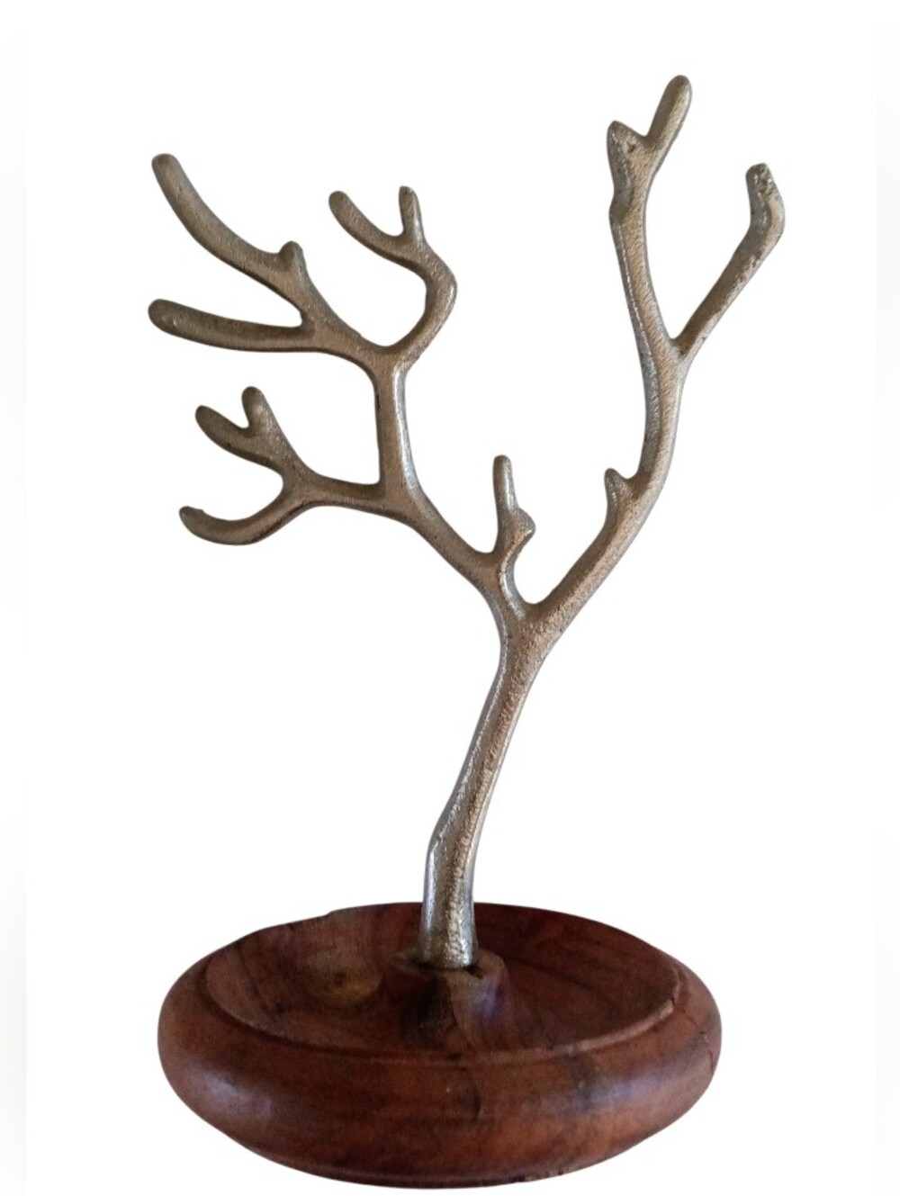 Silver Branch Jewelry Holder On Wooden Base Made In India